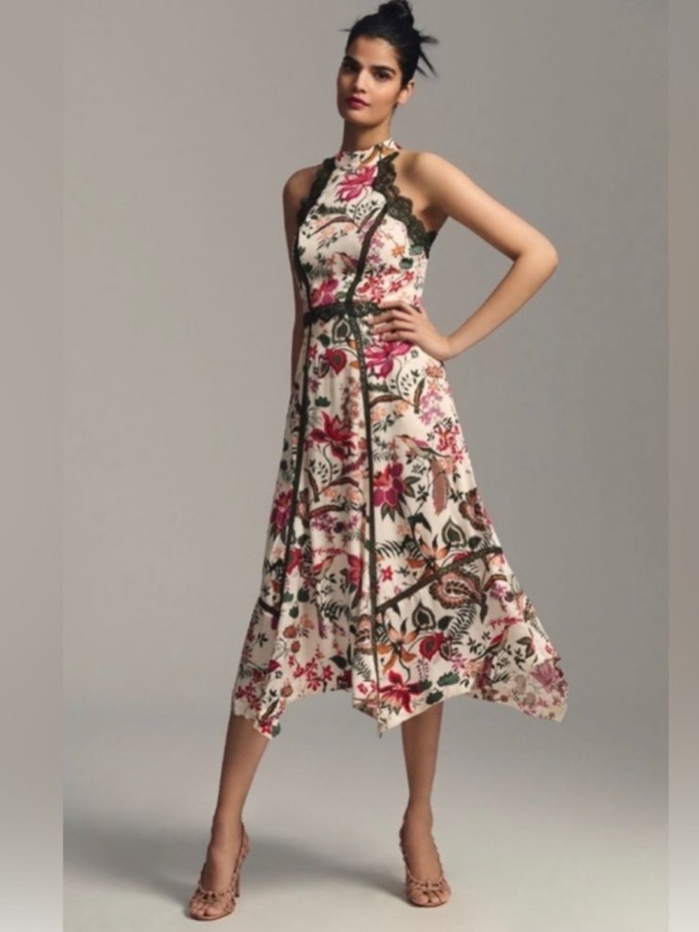 Anthropologie Sleeveless Floral High-Low Dress in Cream, Pink, Green